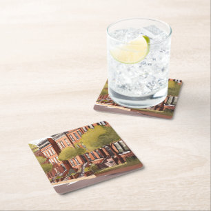 Posavasos Cuadrado De Papel Boston Brownstones   Beacon Street Acuarela