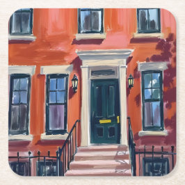 Posavasos Cuadrado De Papel Boston Brownstones Massachusetts Acuarela