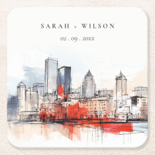 Posavasos Cuadrado De Papel Boston Massachusetts City Scape Watercolor Boda