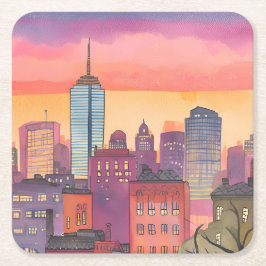 Posavasos Cuadrado De Papel Boston North End Watercolor MA Cityscape