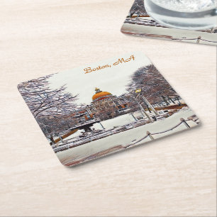 Posavasos Cuadrado De Papel Boston State House en invierno 9870
