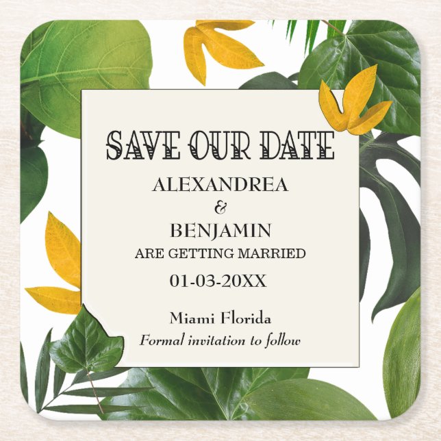 Posavasos Cuadrado De Papel Botánica Save The Date Tropical Palms (Anverso)