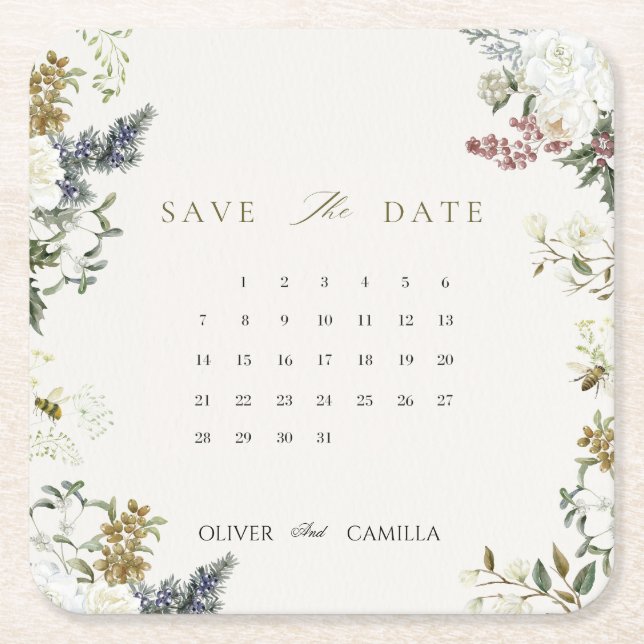 Posavasos Cuadrado De Papel Botanical Calendar Save the Date Card Template (Anverso)