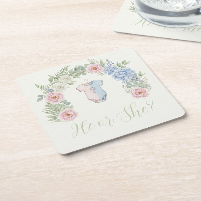 Posavasos Cuadrado De Papel Botanical Gender Reveal (En perspectiva)