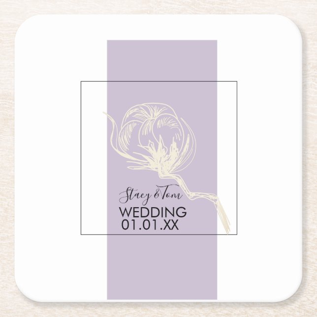Posavasos Cuadrado De Papel Botánico Algodón Planta Lavanda Boda   (Anverso)