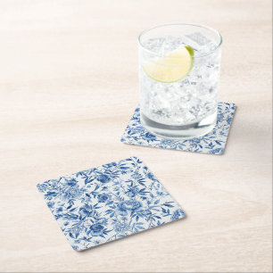 Posavasos Cuadrado De Papel Botánico Floral Acuarela Chinoiserie Azul