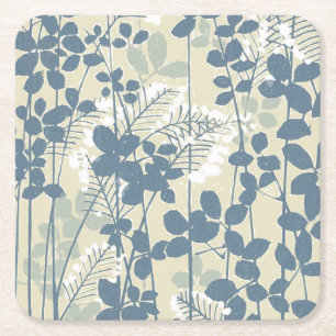 Posavasos Cuadrado De Papel Botánico Japonés Azul Vintage: Helecho de Hoja Cre