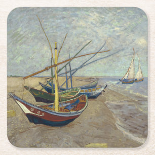 Posavasos Cuadrado De Papel Botes de pesca en la playa de Vincent Van Gogh