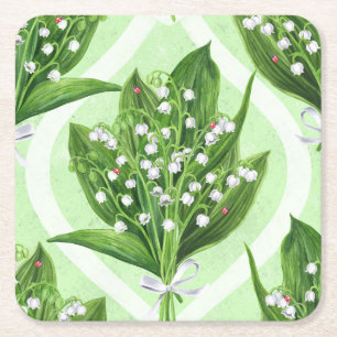 Posavasos Cuadrado De Papel Bouquet de flores de lirio del valle sobre verde