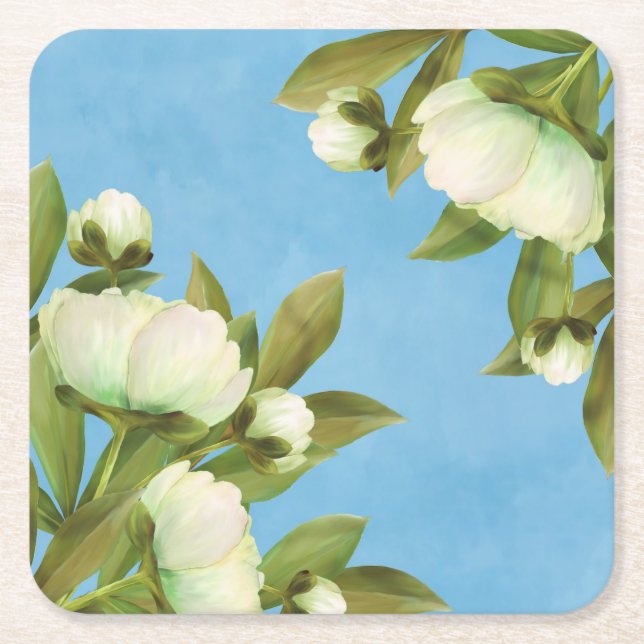 Posavasos Cuadrado De Papel Bouquet floral de peonies blancos (Anverso)