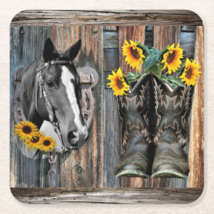 Posavasos Cuadrado De Papel Bovino Rústico Occidental de Caballo Bota de flore