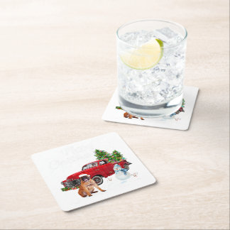 Posavasos Cuadrado De Papel Boxer Camión Rojo Feliz Navidad Snowman Dog Lover