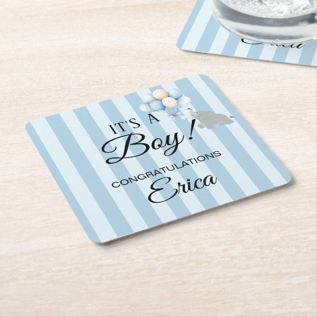 Posavasos Cuadrado De Papel Boy Baby Shower (En perspectiva)