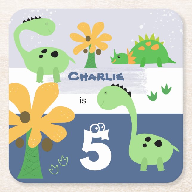 Posavasos Cuadrado De Papel Boy Dinosaur Jurassic Birthday Party (Anverso)
