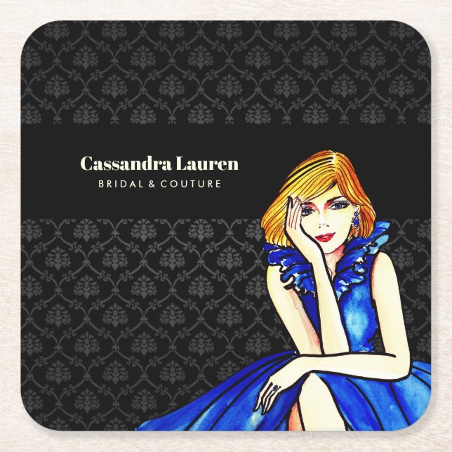 Posavasos Cuadrado De Papel Bridal Dark Royal Cocktail Blue Gown Black Damask (Anverso)