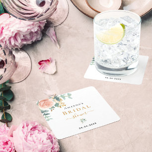 Posavasos Cuadrado De Papel Bridal Shower rosa oro floral eucalipto elegante