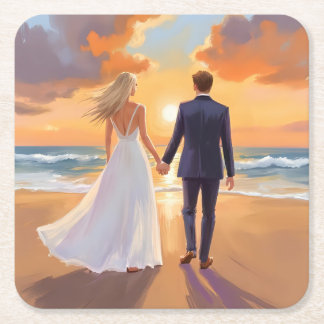 Posavasos Cuadrado De Papel Bride & Groom Beach Wedding Watercolor