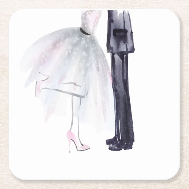 Posavasos Cuadrado De Papel Bride & Groom Dance Coaster de acuarela (Anverso)