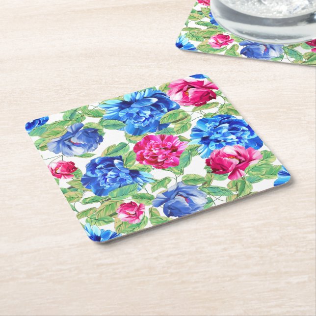 Posavasos Cuadrado De Papel Bright Pink and Blue Floral Pretty Pattern (En perspectiva)