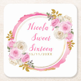 Posavasos Cuadrado De Papel Bright Pink and Gold Elegant Flowers Sweet Sixteen