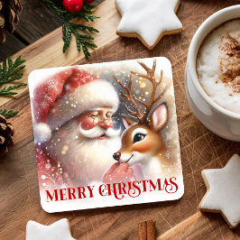 Posavasos Cuadrado De Papel Bright Santa Claus Rudolph Festive Holiday Coaster