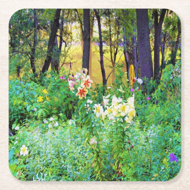 Posavasos Cuadrado De Papel Brillante amanecer con lirios de árbol en My Rubio (Anverso)