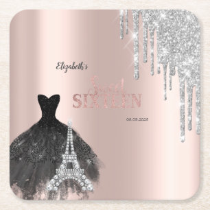 Posavasos Cuadrado De Papel Brillos que gotean, Vestido, Torre Eiffel Sweet 16