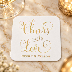 Posavasos Cuadrado De Papel Brindis al Amor Guión Monograma de Boda