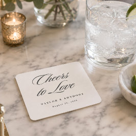 Posavasos Cuadrado De Papel Brindis al Amor Simple Elegante Bodas de Marfil