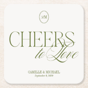 Posavasos Cuadrado De Papel Brindis al Amor Verde Oliva Boda 