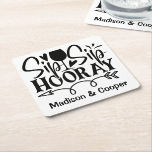 Posavasos Cuadrado De Papel Brindis Brindis Hurra Lindo Boda Blanco Negro