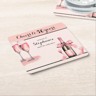 Posavasos Cuadrado De Papel Brindis por 50 años Cumpleaños con champán rosa