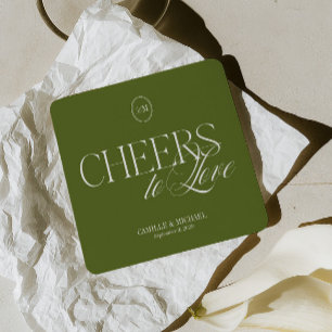 Posavasos Cuadrado De Papel Brindis por el Amor Verde Oliva Boda