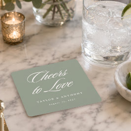 Posavasos Cuadrado De Papel Brindis por el Amor Verde Salvia Simple Elegante B