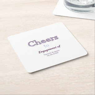 Posavasos Cuadrado De Papel brindis por el compromiso de nombre púrpura pastel