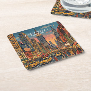 Posavasos Cuadrado De Papel Broadway Nueva York Viaje Arte Vintage