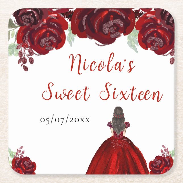 Posavasos Cuadrado De Papel Brown Hair Princess Red Floral Sweet Sixteen  (Anverso)