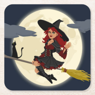 POSAVASOS CUADRADO DE PAPEL BRUJA DE HALLOWEEN PELIRROJA