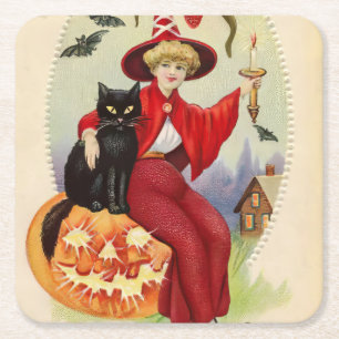 Posavasos Cuadrado De Papel Bruja de Halloween y gato negro
