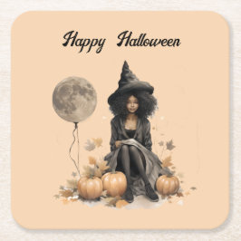 Posavasos Cuadrado De Papel Bruja de Halloween y globo lunar completo