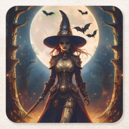 Posavasos Cuadrado De Papel Bruja del Bosque Steampunk de Halloween