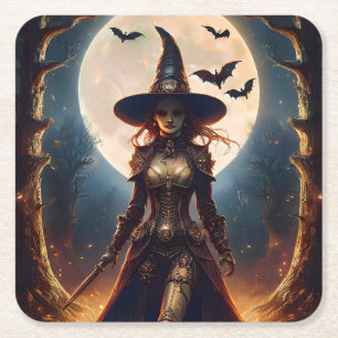 Posavasos Cuadrado De Papel Bruja del Bosque Steampunk de Halloween