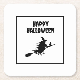Posavasos Cuadrado De Papel Bruja en la habitación con Cat Halloween