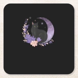 Posavasos Cuadrado De Papel Bruja Gatuna Flores Luna Goth Pastel Goblincore