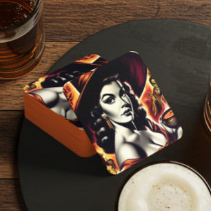 Posavasos Cuadrado De Papel Bruja Retro Chica Pin-up
