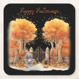 Posavasos Cuadrado De Papel Bruja y gato fuera de la puerta Halloween