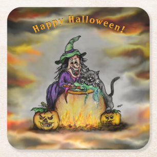 Posavasos Cuadrado De Papel Bruja y gato negro, ¡Feliz Halloween!