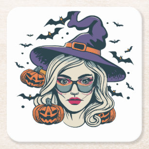 Posavasos Cuadrado De Papel brujas de halloween divertido halloween
