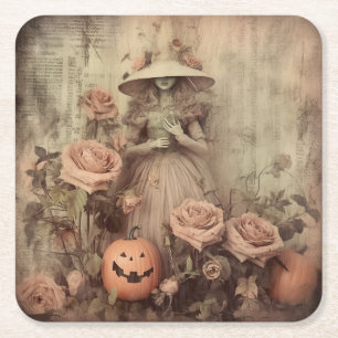 Posavasos Cuadrado De Papel Brujería de Halloween vintage (9)