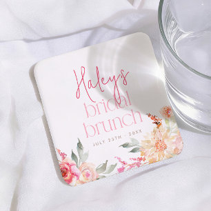 Posavasos Cuadrado De Papel Brunch Nupcial Floral Rosa Desayuno Bridal Shower
